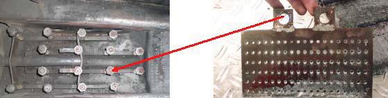 Abbildung 154: Schema der Vorschubrostfeuerung des atz (oben) und Blick auf den Antrieb der Rostelemente (unten links)