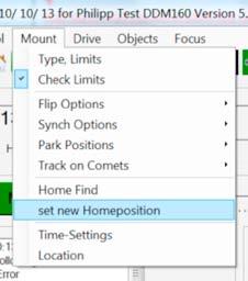 Mount / Set new Homeposition Nachdem Sie ein Pointingfile (welches Sie in Zukunft verwenden wollen) angelegt haben, können Sie nun eine neue Homeposition setzen.