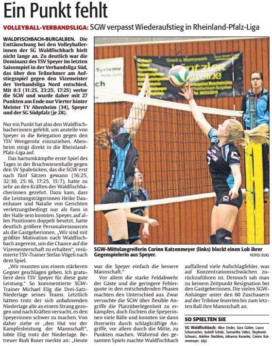Ein Punkt fehlt Volleyball-Verbandsliga: SGW verpasst Wiederaufstieg in Rheinland-Pfalz-Liga WALDFISCHBACH-BURGALBEN.