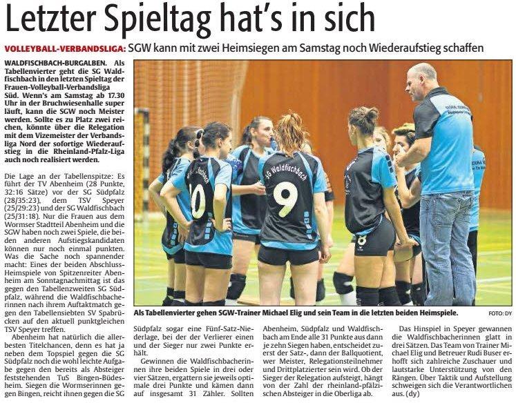 Letzter Spieltag hat s in sich Volleyball-Verbandsliga: SGW kann mit zwei Heimsiegen am Samstag noch Wiederaufstieg schaffen WALDFISCHBACH-BURGALBEN.