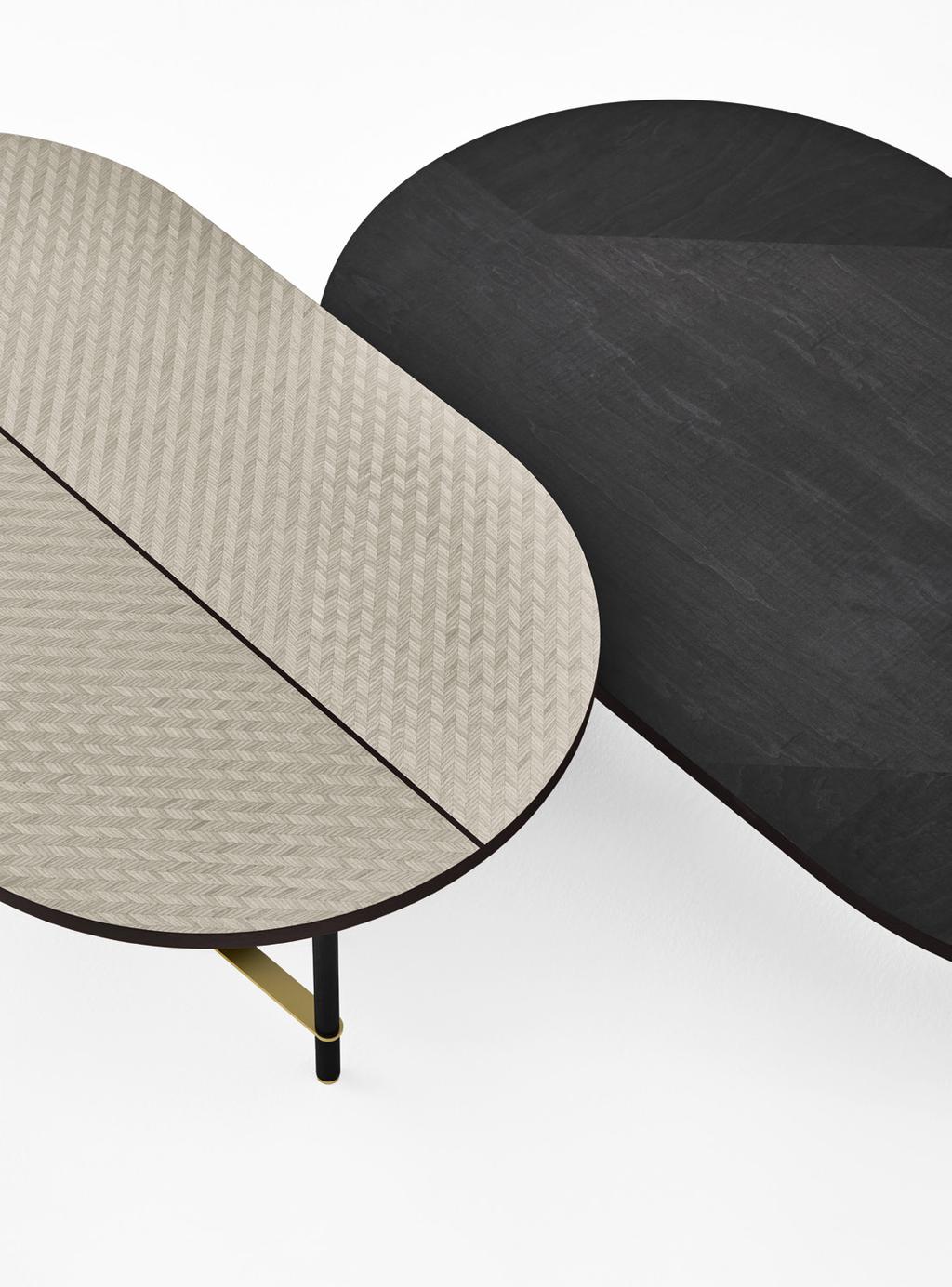 Coffee table with inlaid wooden top with Tweed pattern, in Taba Frisé white wood and Tanganika black wood or in Maple Frisé dark grey.