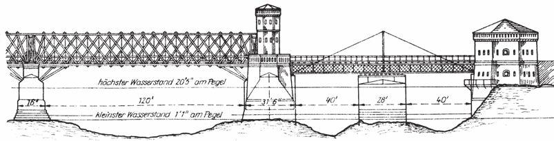 1 Der Eisenbahnbrückenbau in Deutschland von den Anfängen bis zur Gegenwart Holzbrücke aus Howe-Fachwerkträgern mit rund 54 m Stützweite, gebaut 1847 bis