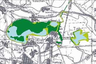 Weitläufige Kippenbereiche, die teilweise aufwändig aufgeforstet worden waren, bildeten mit den jungen Seen die Bergbaufolgelandschaft, die seit 1996 durch die LMBV saniert wird.