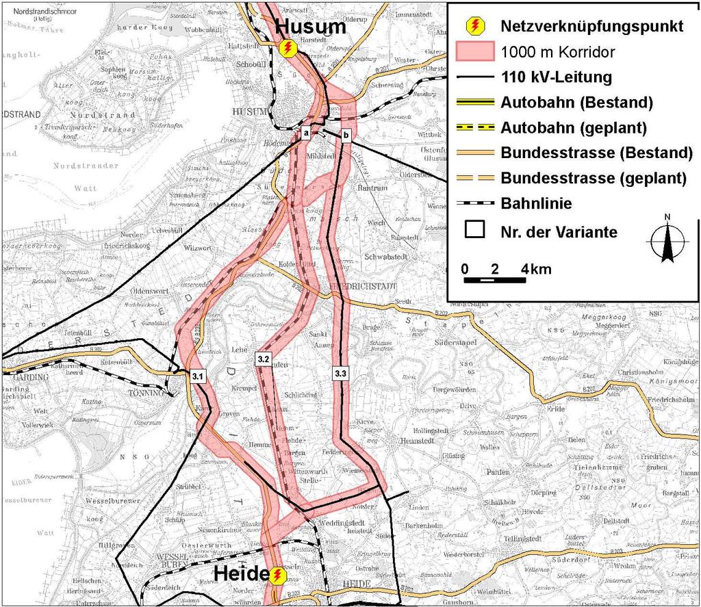 Ergebnisse Die Untervariante K3.1b verläuft ab der Südermarsch weiter östlich und umgeht auch Mildstedt im Osten.