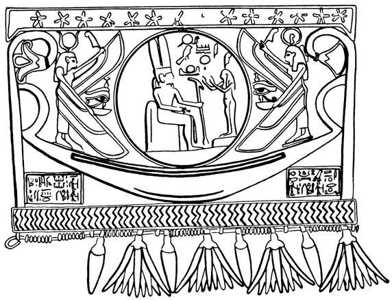 8: Zusammen mit Hathor (links mit Sonnenscheibe zwischen Kuhgehörn) schützt Maat (rechts mit Straußenfeder) die Sonnenscheibe in ihrer Barke.