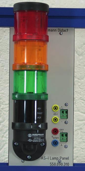 Stromversorgung und Kommunikationsprozessor werden im SPS-Panel eingebaut. Taster, Leuchtmelder und Interface können auf den Tisch gelegt oder an der Lochwand befestigt werden. AS-i Lamp Panel, Art.