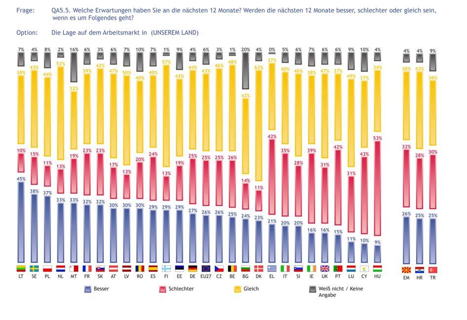 Die Mehrheit der Kroaten (43%), Türken (36%) und der Befragten der ehemaligen jugoslawischen Republik Mazedonien (38%) sind der Auffassung, dass sich die Lage auf dem Arbeitsmarkt in ihrem Land im