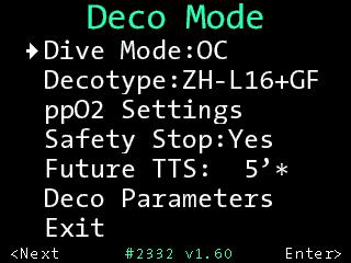 Deco Mode (Dekoberechnung) Unter Deco Mode können Sie die Betriebsart (OC, CC, Gauge oder Apnoe) des OSTC 2 festlegen und wichtige Einstellungen zur Dekompressionsbe rechnung vornehmen.