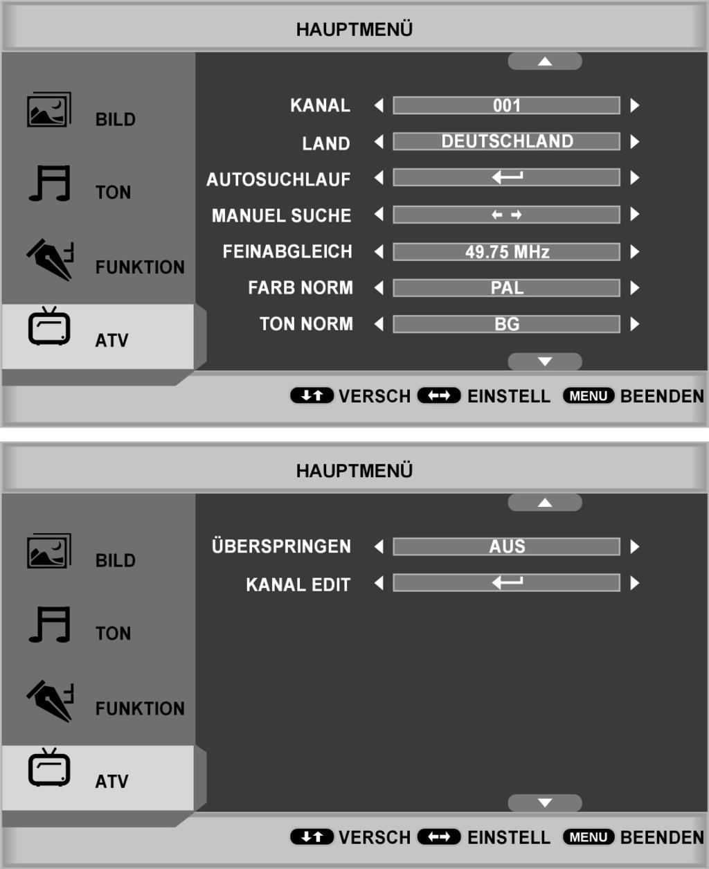 Menü ATV Menüpunkt KANAL LAND AUTOSUCHLAUF MANUEL SUCHE FEINABGLEICH FARB NORM TON NORM ÜBERSPRINGEN Einstellungen Wählen Sie über die Kanalnummer den Sender, den Sie bearbeiten möchten.
