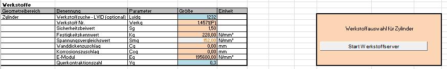Bearbeitung Excel Eingabedatei Die Werkstoffkennwerte werden vom Werkstoffserver bereitgestellt und eingetragen.