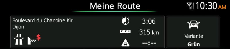 3.3 Die Routenparameter überprüfen und auf routenbezogene Funktionen zugreifen Sie können sich die einzelnen Parameter der von Clarion Mobile Map empfohlenen Route ansehen. 1.