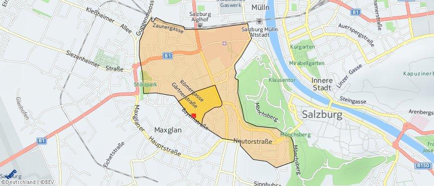 Wohnumfeld auf Karte Die abgefragte Adresse wird mit einem kleinen roten Quadrat auf der Karte lokalisiert.