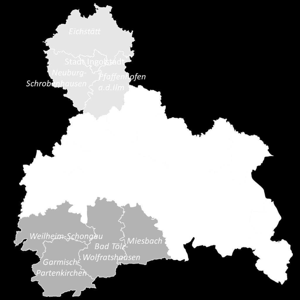 Gemeinden der Landkreise Freising, Erding, Ebersberg, München, Starnberg, Fürstenfeldbruck sowie Dachau (ohne Berücksichtigung der Einwohnerdichte betrachtet) Städtische Bereiche