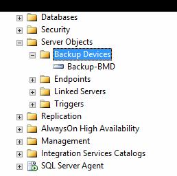 Im SQL Management Studio muss dann unter Server Objects Backup Devices auch das Backup- BMD Device ersichtlich sein.