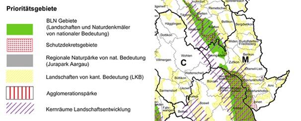 Abbildung 2: Für den Perimeter relevante Landschaftsräume gemäss Förderprogramm Landschaftsqualitätsprojekte Aargau Für den nördlichen Teil des Perimeters wurde ein Landschaftsentwicklungsplan (LEP)