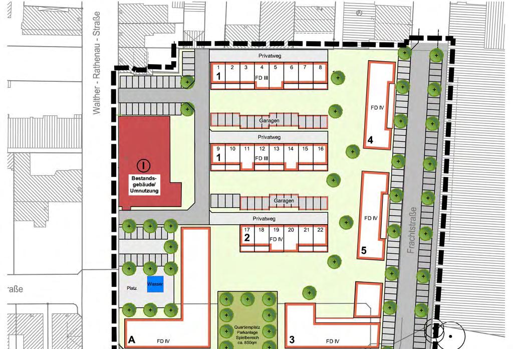 Parzellen I und A: Studentenwohnungen Es sind 4-geschossige Baukörper, die mit dem Altbau zusammen den neu geschaffenen Antrittsplatz zum Quartier markieren.