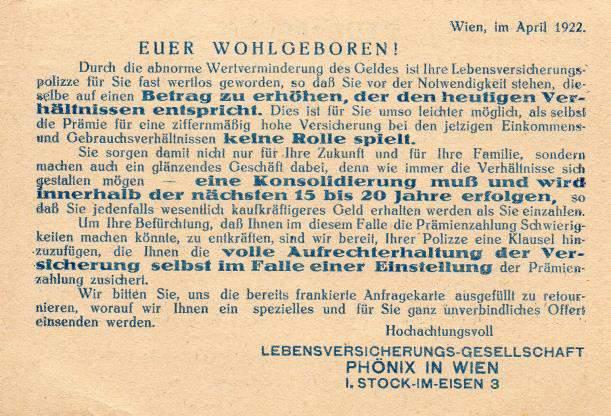 WERBUNG einst Wien 1922 Die Lebensversicherungs Gesellschaft PHÖNIX bewirbt potentielle Kunden unverbindlich mit der