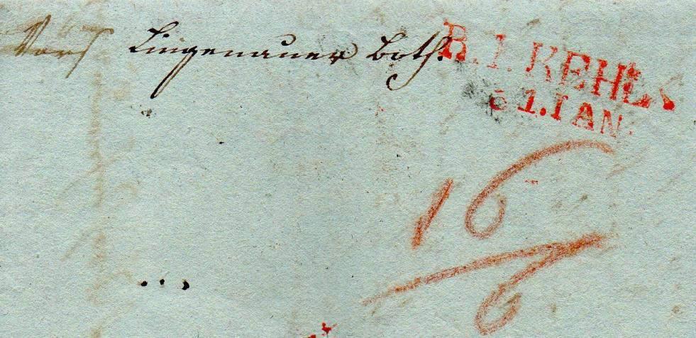 Zudem wurde im Postamt Bregenz der handschriftliche NOTA-BENE-Vermerk angebracht, nicht jedoch der CHARGE-Stempel. Dieser wurde erst in Augsburg gestempelt. Der Leitvermerk per Basel et.