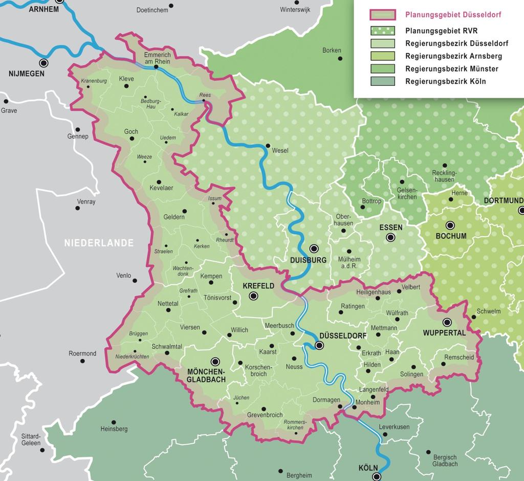 Das Planungsgebiet Düsseldorf (Planungsgebiet) besteht aus dem Gebiet der Kommunen in den Kreisen Kleve, Mettmann, Viersen und dem Rhein-Kreis Neuss sowie dem Gebiet der kreisfreien Städte