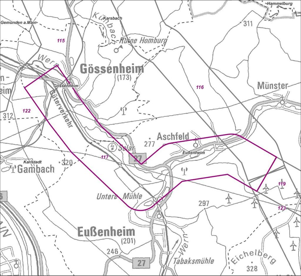 1.2 Kurzbeschreibung/Charakteristik 1.2.1 Verlauf - Beginn nahe Gössenheim südlich der Wern - Verlauf Richtung Südosten, südlich parallel zur Wern und