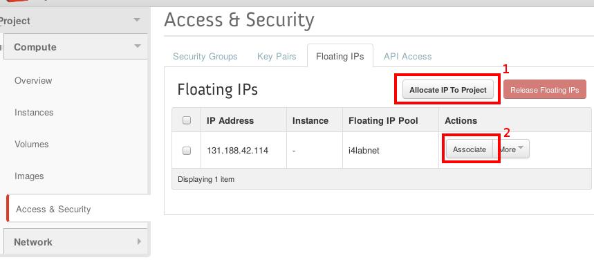 Öffentliche IP zuweisen (1) Öffentliche IP aus Pool allokieren, nur einmalig nötig (2) IP-Adresse an laufende Instanz zuweisen Kommandozeile: $ nova floating-ip-create i4labnet $ nova