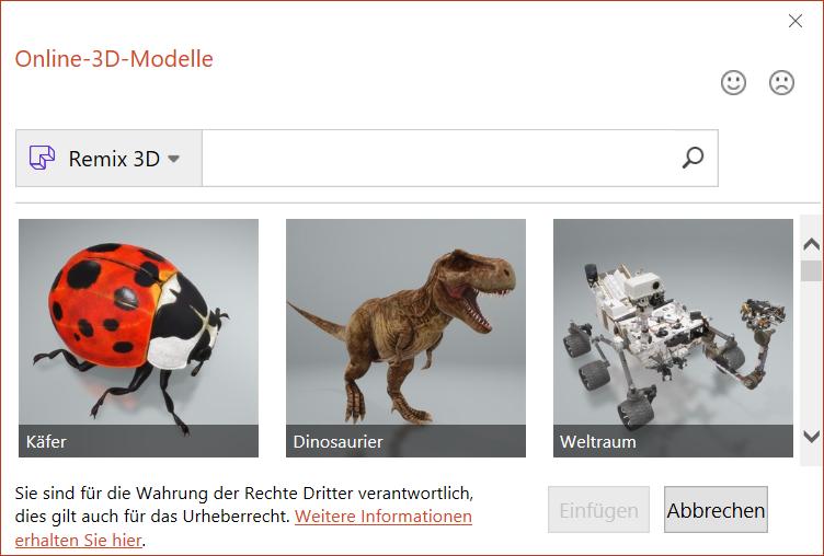 3D-Modelle in PowerPoint für Office 365 Seite 3 von 7 Abb. 1: Dialogfeld Online-3D-Modelle Wählen Sie im Dialogfeld zunächst eine Kategorie aus und anschließend das eigentliche 3D-Modell.