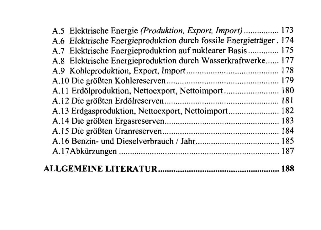 A.5 Elektrische Energie (Produktion, Export, Import) 173 A.6 Elektrische Energieproduktion durch fossile Energietrager. 174 A.7 Elektrische Energieproduktion auf nuklearer Basis 175 A.