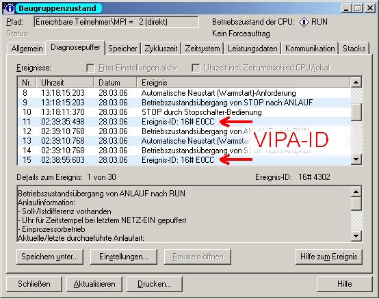 Handbuch VIPA System 300S SPEED7 Teil 4 Einsatz CPU 313SC/DPM VIPA-spezifische Diagnose-Einträge Einträge im Diagnosepuffer Sie haben die Möglichkeit im Siemens SIMATIC Manager den Diagnosepuffer der