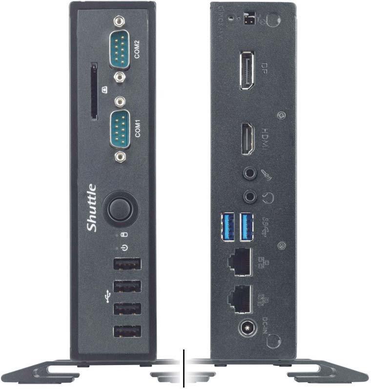 Shuttle Slim-PC System DS 5700BA Produktansichten A COM2: RS-232 B SD Cardreader C COM1: RS-232/422/485 D Ein-/Ausschalt-Button E Festplatten-LED F Betriebsanzeige-LED