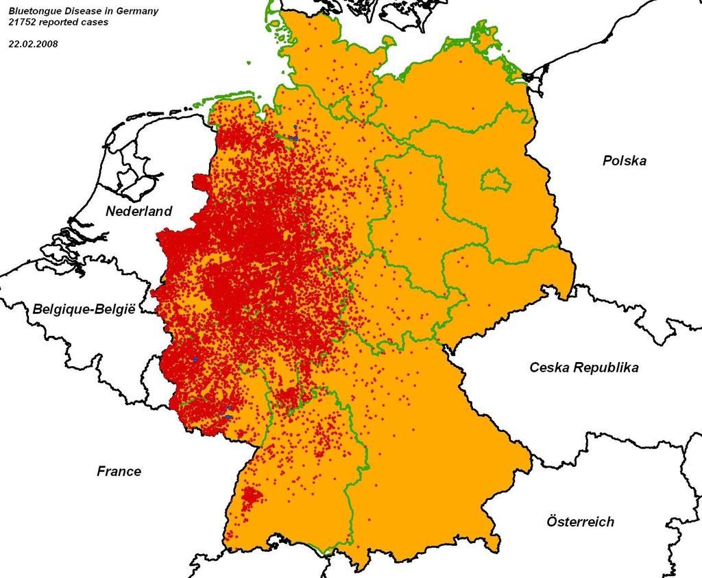 Blauzungenkrankheit in Deutschland und Europa (aktuelles am Ende des Artikels) In Deutschland wurde diese für den Menschen nicht gefährliche Infektion erstmalig am 20.08.
