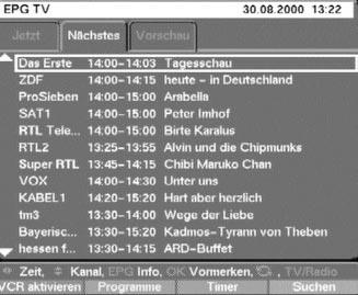 6.13.4 Jetzt (Tafel mit aktuellen Programminhalten) Zunächst wird die EPG-Tafel Jetzt mit den derzeitig ausgestrahlten Sendungen dargestellt.