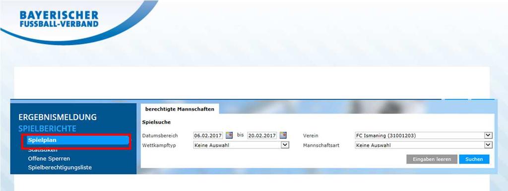 Nach Klick auf den Menüpunkt Spielberichteerscheint automatisch die Suchmaske für die Spielberichte.