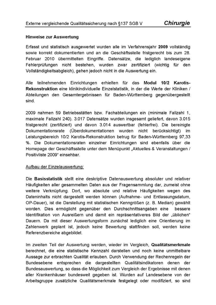 Modul 10/2 Karotis-Rekonstruktion Jahresauswertung 2009 Geschäftsstelle