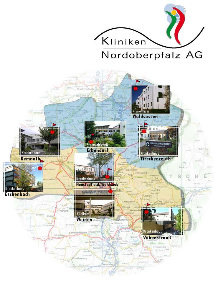 Einleitung Abbildung: Landkarte der Region mit Bildern der einzelnen Standorte unserer Kliniken Nordoberpfalz AG.