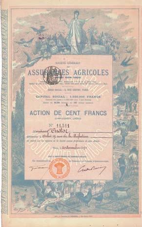 Nr. 1206 Nr. 1206 Schätzpreis: 150,00 EUR Soc. Gén. des Assurances Agricoles Aktie 100 F, Nr. 11506 Paris, 20.11.1894 - Gegründet 1890 als Versicherungsgesellschaft speziell für den ländlichen Raum.