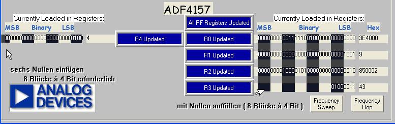 Schritt 4 Registerinhalte ausdrucken Update all RF Registers Bildschirmausdruck bzw.