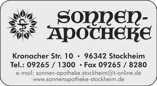 Apotheken Dienstbereitschaft im Landkreis Kronach A Bären-Apotheke, Kronach, Tel. 09261 4424 Januar 2017 Markt-Apotheke, Ludwigsstadt, Tel. 09263 9536 B Sonnen-Apotheke, Stockheim, Tel. 09265 1300 Mi.
