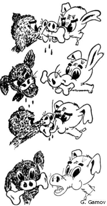 3 Teilchenphysik Abbildung 39: Der Knochen, den zwei Hunde sich ständig gegenseitig abjagen, könnte man als Austauschteilchen einer Kraft interpretieren, die die Tiere eng beisammen hält [Lan07]