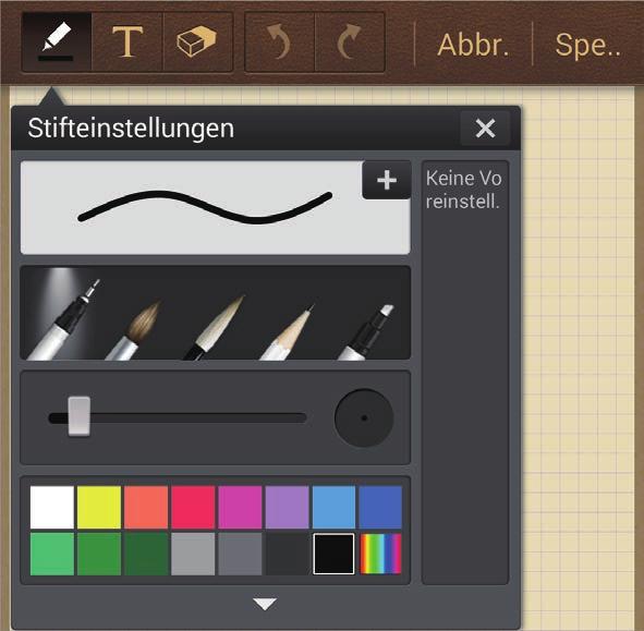 Dienstprogramme Tippen Sie beim Verfassen von Memos erneut an, um den Stifttyp, die Linienstärke oder die Stiftfarbe zu ändern.