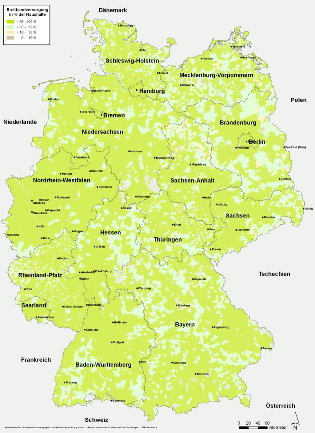 Kartenwerke Darstellung für Deutschland für 1 Mbit/s alle Technologien. Darstellung zusammengefasst auf Gemeindeebene.