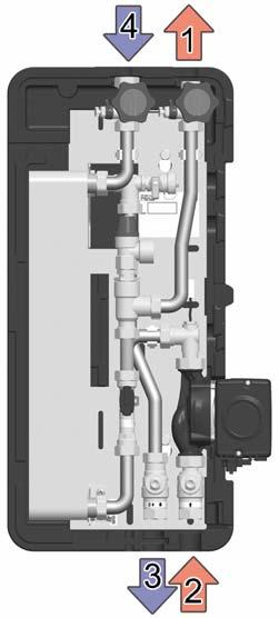 5 Installation 5.2 Anschluss Rohrabstand von der Wand (sekundär) = 107 mm Verrohren Sie das Frischwassermodul mit der Anlage gemäß der untenstehenden Abbildung.