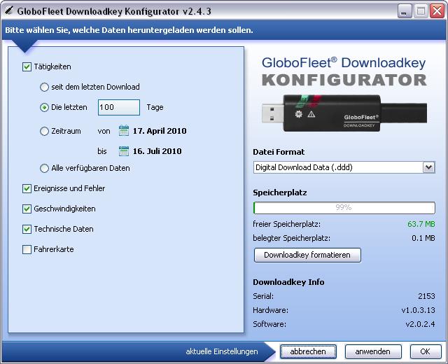Mit dem GloboFleet Konfigurator können Sie folgende Einstellungen am Downloadkey vornehmen: Download von Tätigkeiten seit dem letzten Download Die letzten XX Tage Zeitraum vom XX bis XX Alle
