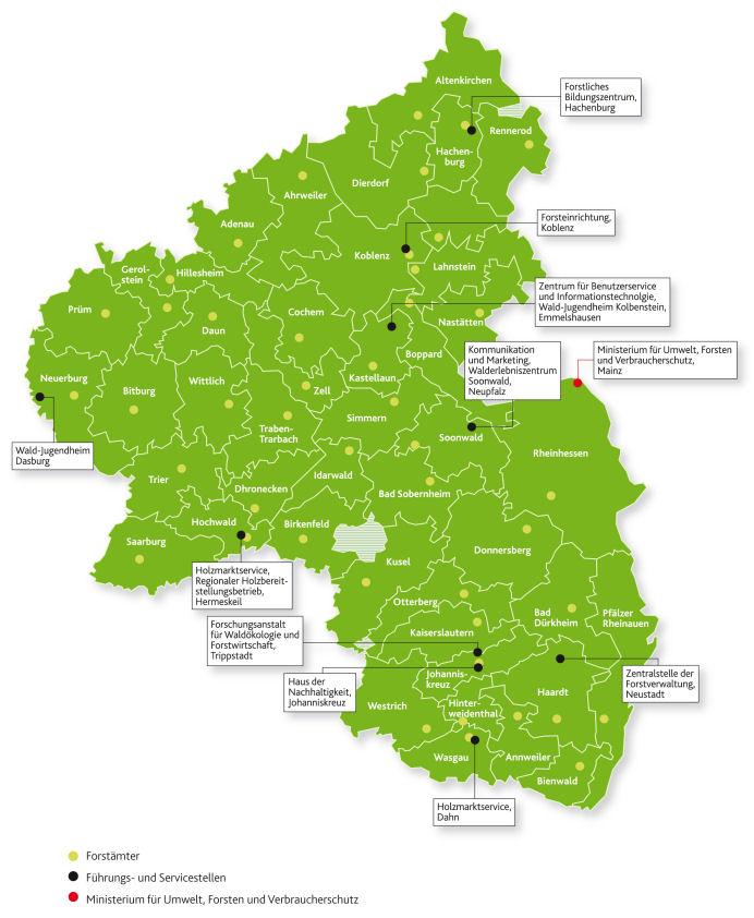 3. Wald- und Forstwirtschaft in Rheinland-Pfalz ein kurzer Überblick Abbildung 6: Sitz der Dienststellen von Landesforsten 12 Organisation, Aufgaben und Schwerpunkte im Bundeswald in Rheinland-Pfalz