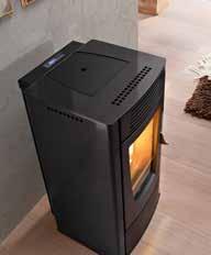 Pellet stove with painted steel sides and cast iron front; fully operated via an easy and user-friendly control panel.