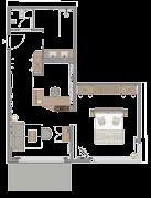 14 m2 Dachterrasse, Schlafzimmer mit Doppelbett, getrennter Wohnraum mit Sitzgruppe (auch als