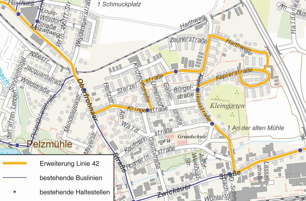 Baustein 7: Anbindung Keplerstraße/Harthweg Kurzbeschreibung Erweiterung Linienführung Linie 42 zusätzliche Erschließung des bisher unerschlossenen Bereiches des Wohngebietes: Wohnbebauung an der
