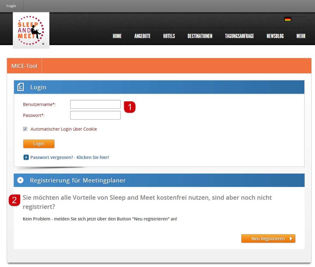 1. Registrierung und Anmeldung Loggen Sie sich mit Ihren Zugangsdaten auf www.sleepandmeet.de ein.
