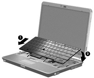 15. Richten Sie die Laschen an der Tastatur mit den Öffnungen am Computer aus (1), und setzen Sie dann die Tastatur ein (2). 16.
