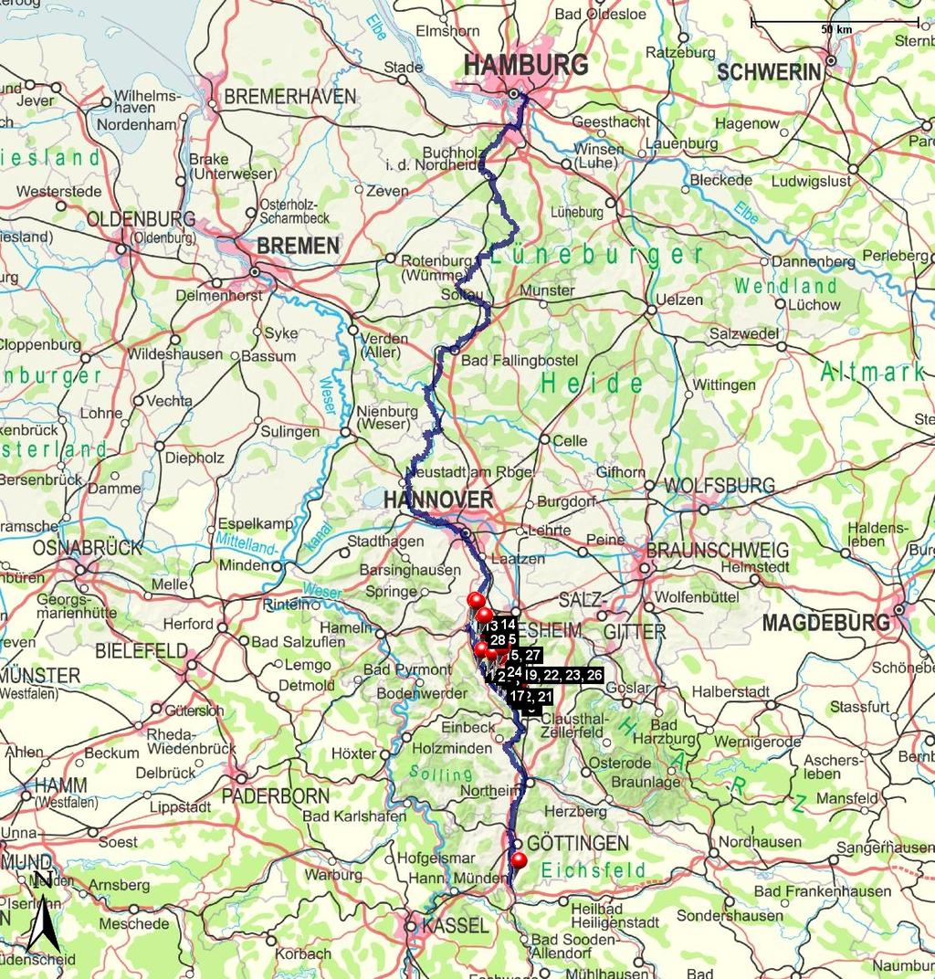 Länge: 373 km ohne Strecke durch Thüringen Steigung: + 896 m / - 1008 m Dauer: Start: Leinefelde (Thüringen) Verlauf: Leinefelde (Thüringen), Rosdorf, Gïöttingen, Northeim, 4-7 Tage Einbeck, Alfeld,