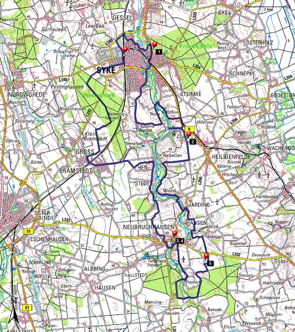 Länge: 45,00 km Steigung: + 170 m / - 195 m Dauer: Start: Verlauf: Hoope, Rehrßen,